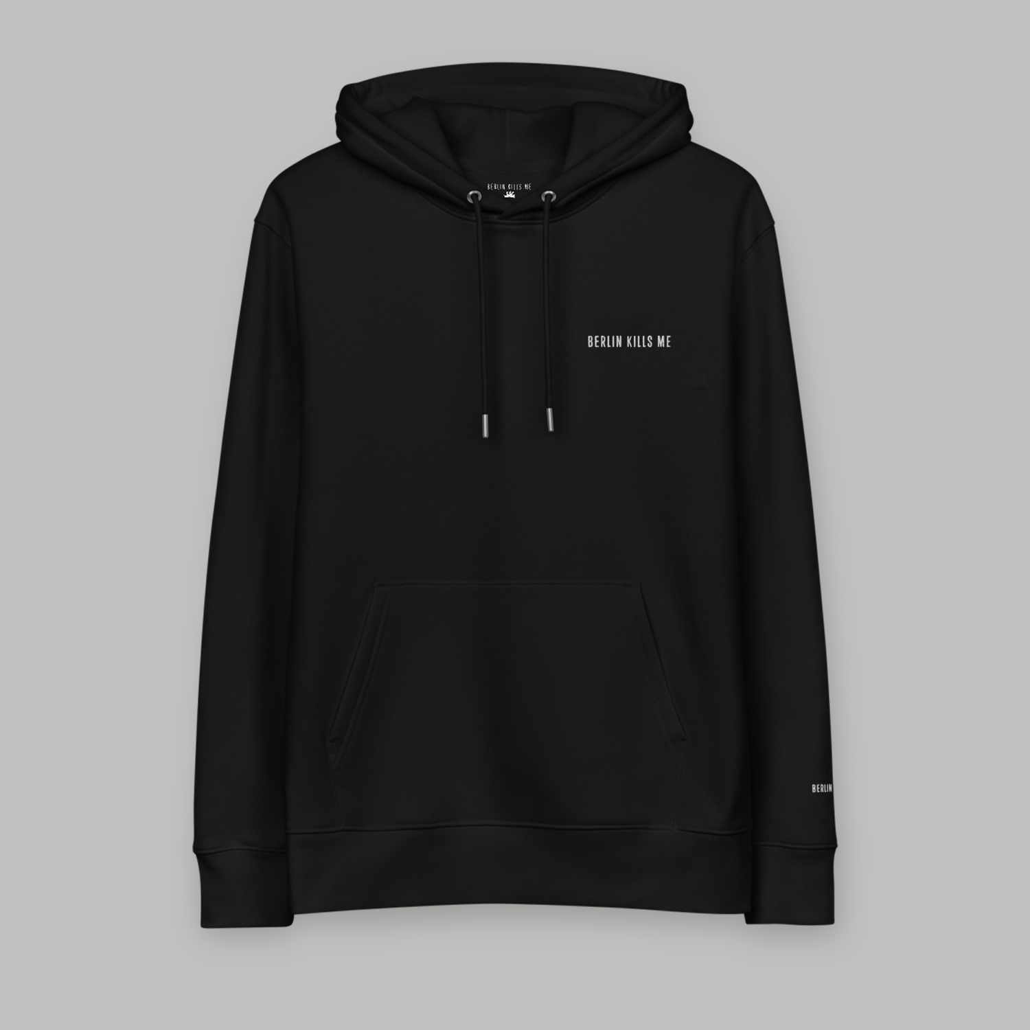 Berlin Kills Me Embroidered Motto Black Essential Eco Hoodie Front